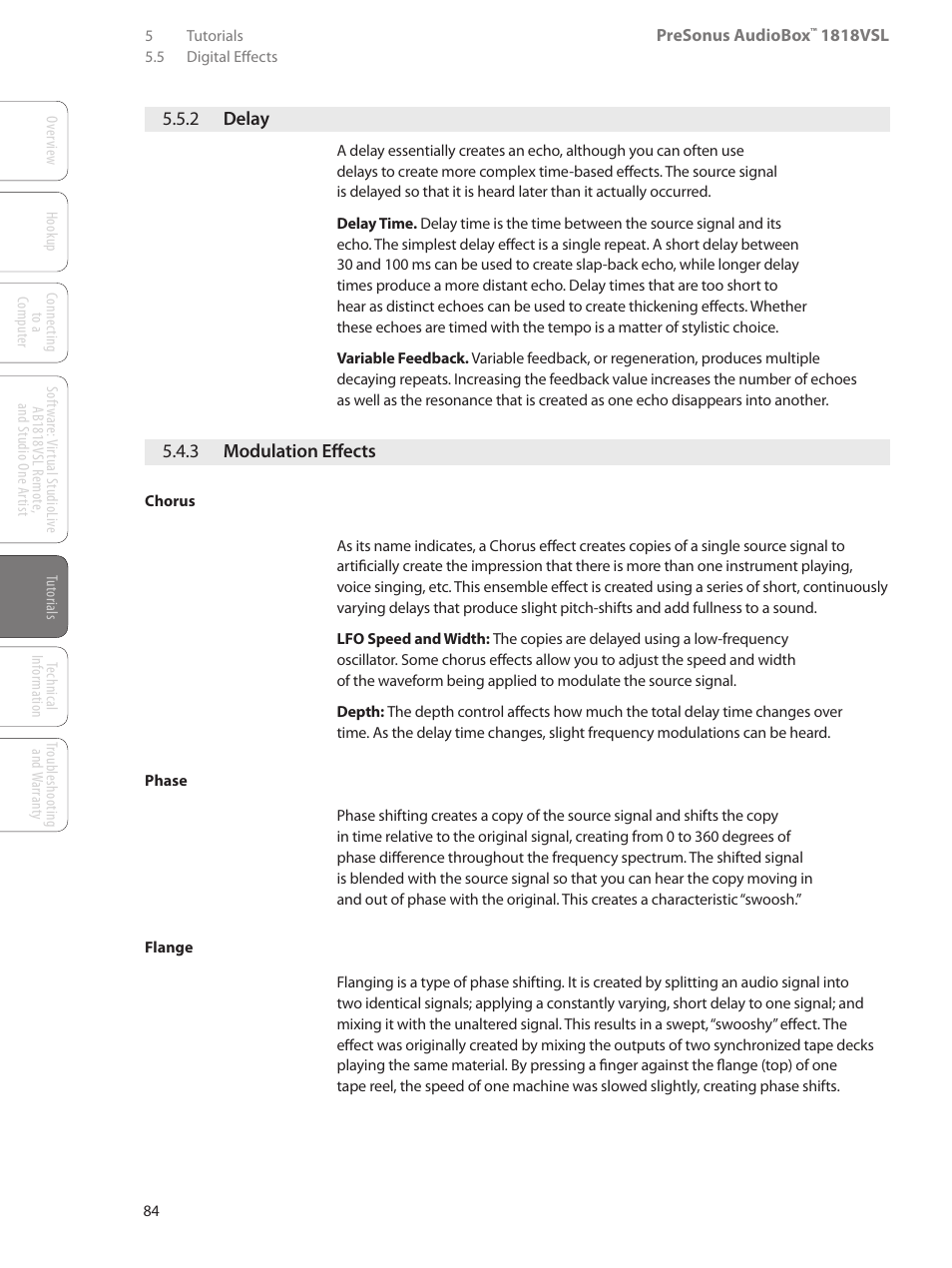 2 delay, 3 modulation effects, 2 delay — 84 | 3 modulation effects — 84 | PreSonus AudioBox 1818VSL User Manual | Page 90 / 100