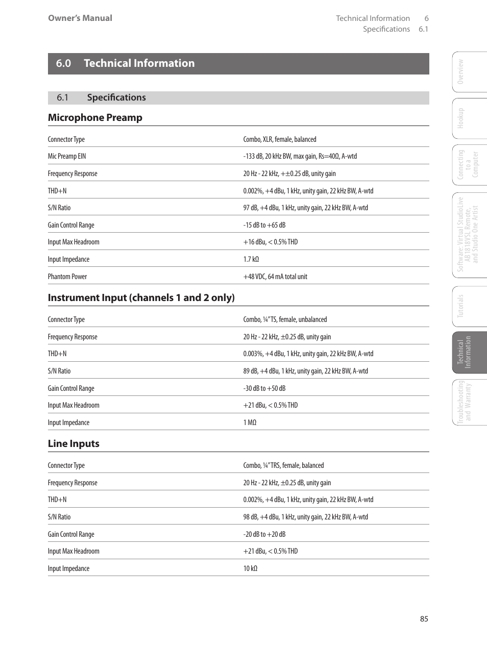 0 technical information, 1 specifications, 0 technical information — 85 | 1 specifications — 85, Microphone preamp, Instrument input (channels 1 and 2 only), Line inputs | PreSonus AudioBox 1818VSL User Manual | Page 91 / 100