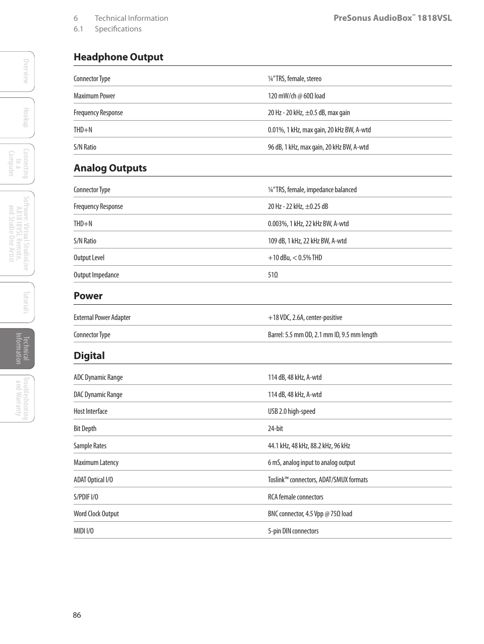 Headphone output, Analog outputs, Power | Digital | PreSonus AudioBox 1818VSL User Manual | Page 92 / 100