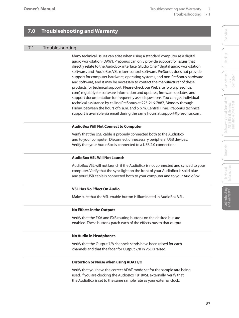 0 troubleshooting and warranty, 1 troubleshooting, 0 troubleshooting and | Warranty — 87, 1 troubleshooting — 87 | PreSonus AudioBox 1818VSL User Manual | Page 93 / 100