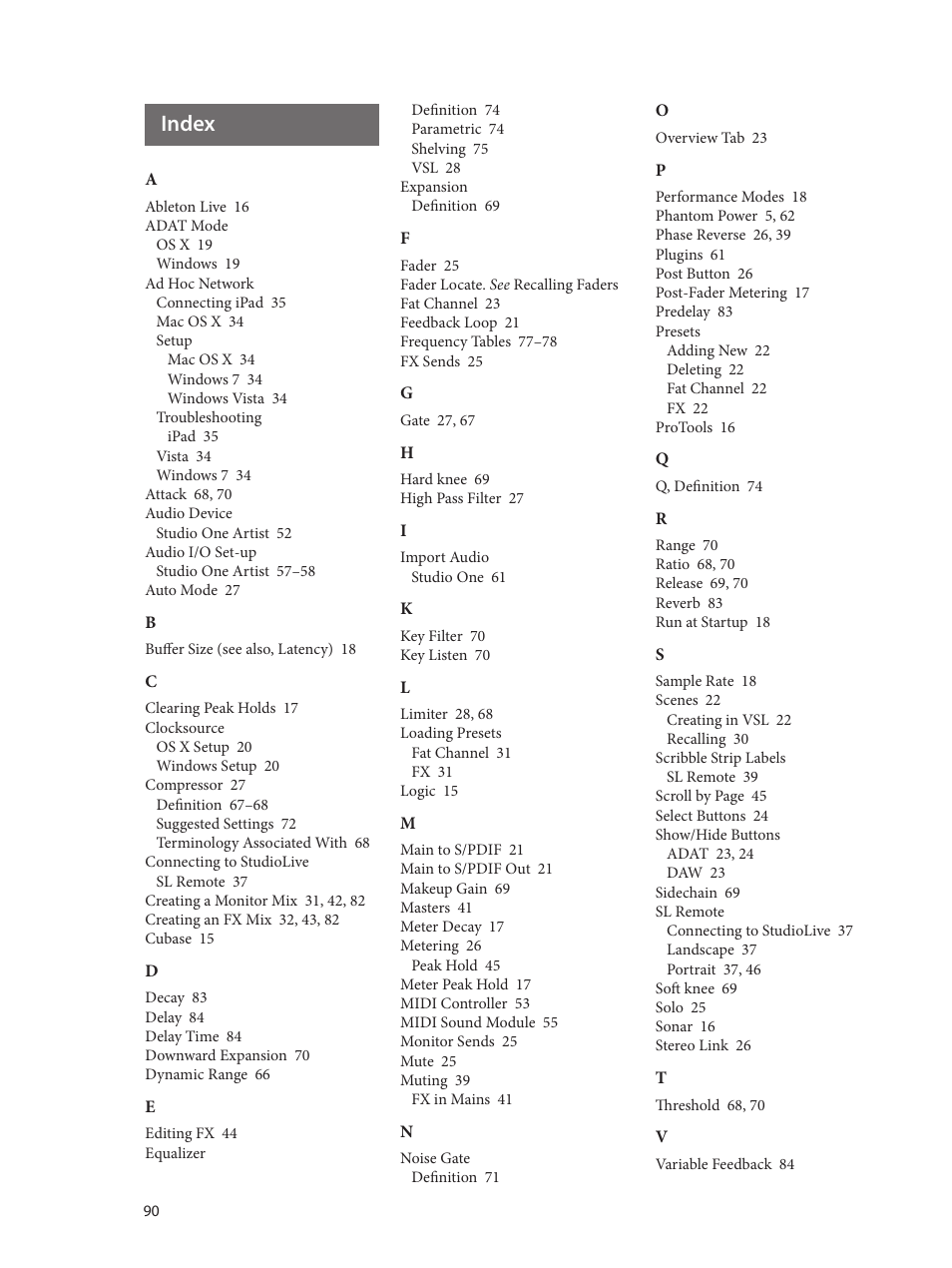 Index, Index — 90 | PreSonus AudioBox 1818VSL User Manual | Page 96 / 100