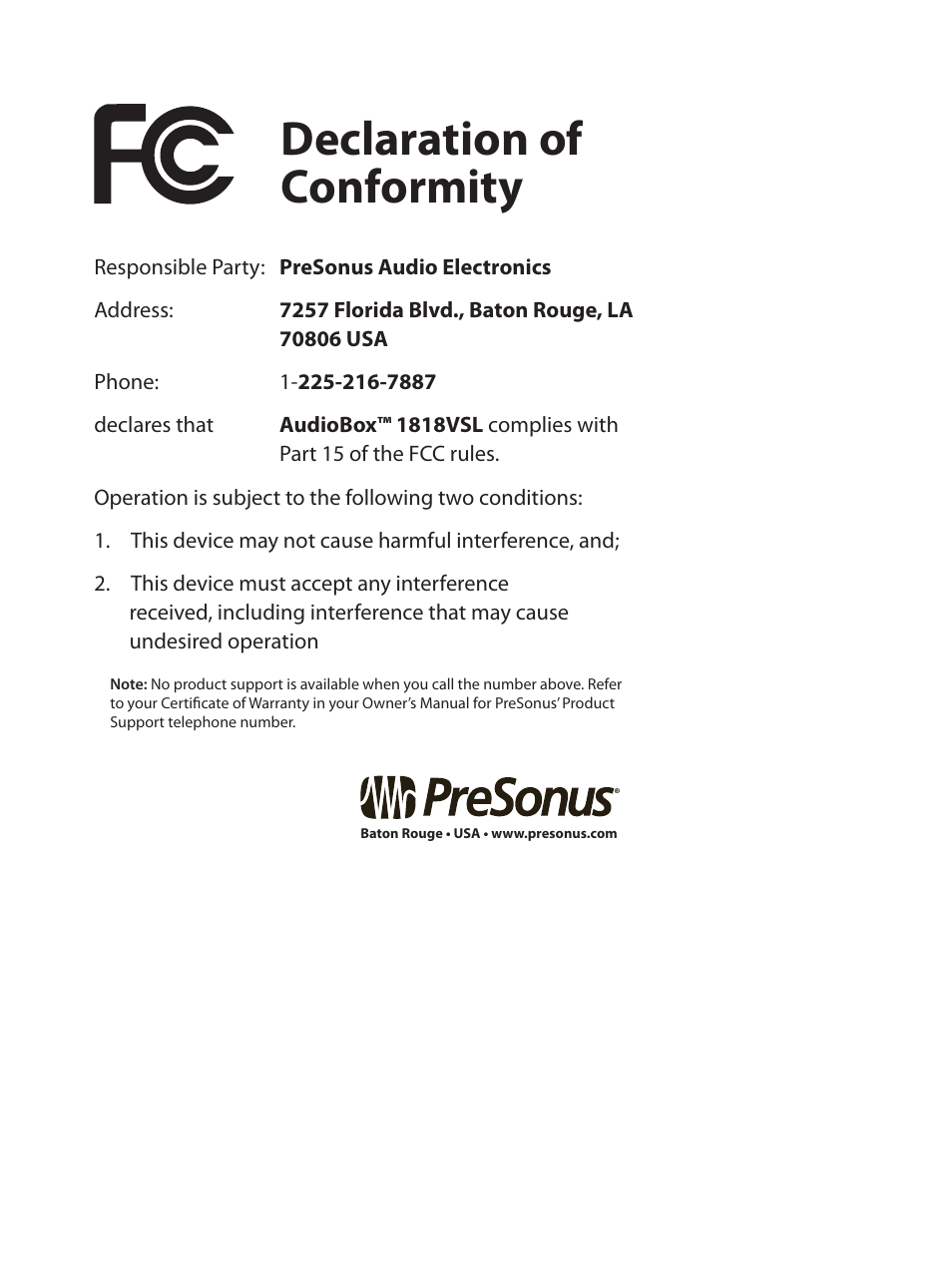 Declaration of conformity | PreSonus AudioBox 1818VSL User Manual | Page 97 / 100