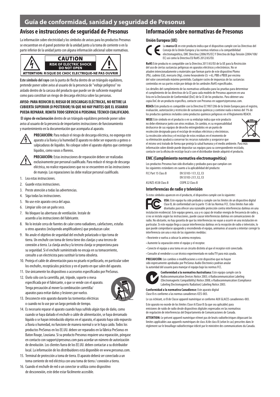 Avisos e instrucciones de seguridad de presonus, Información sobre normativas de presonus | PreSonus ACP88 User Manual | Page 2 / 4