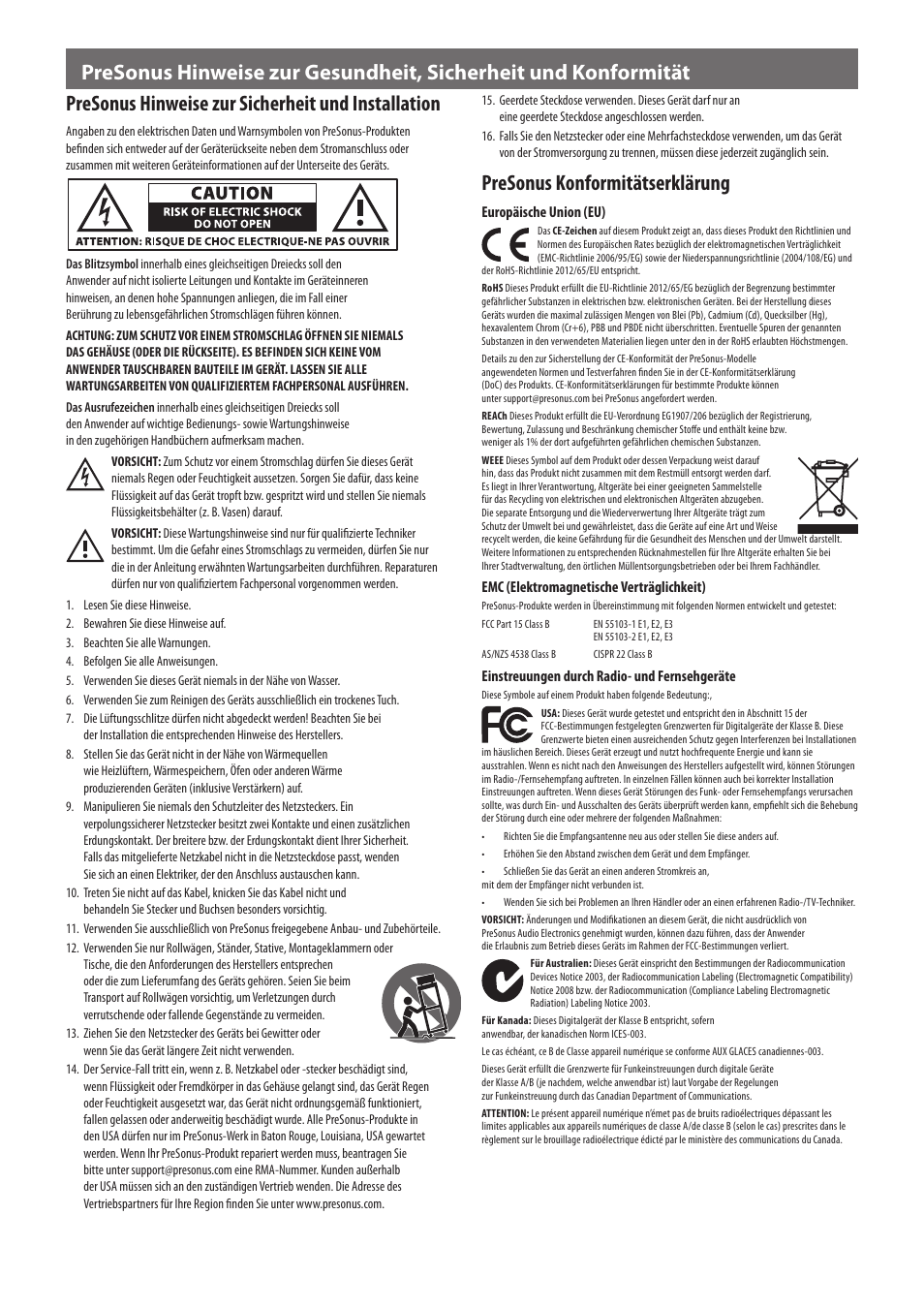 Presonus hinweise zur sicherheit und installation, Presonus konformitätserklärung | PreSonus ACP88 User Manual | Page 3 / 4