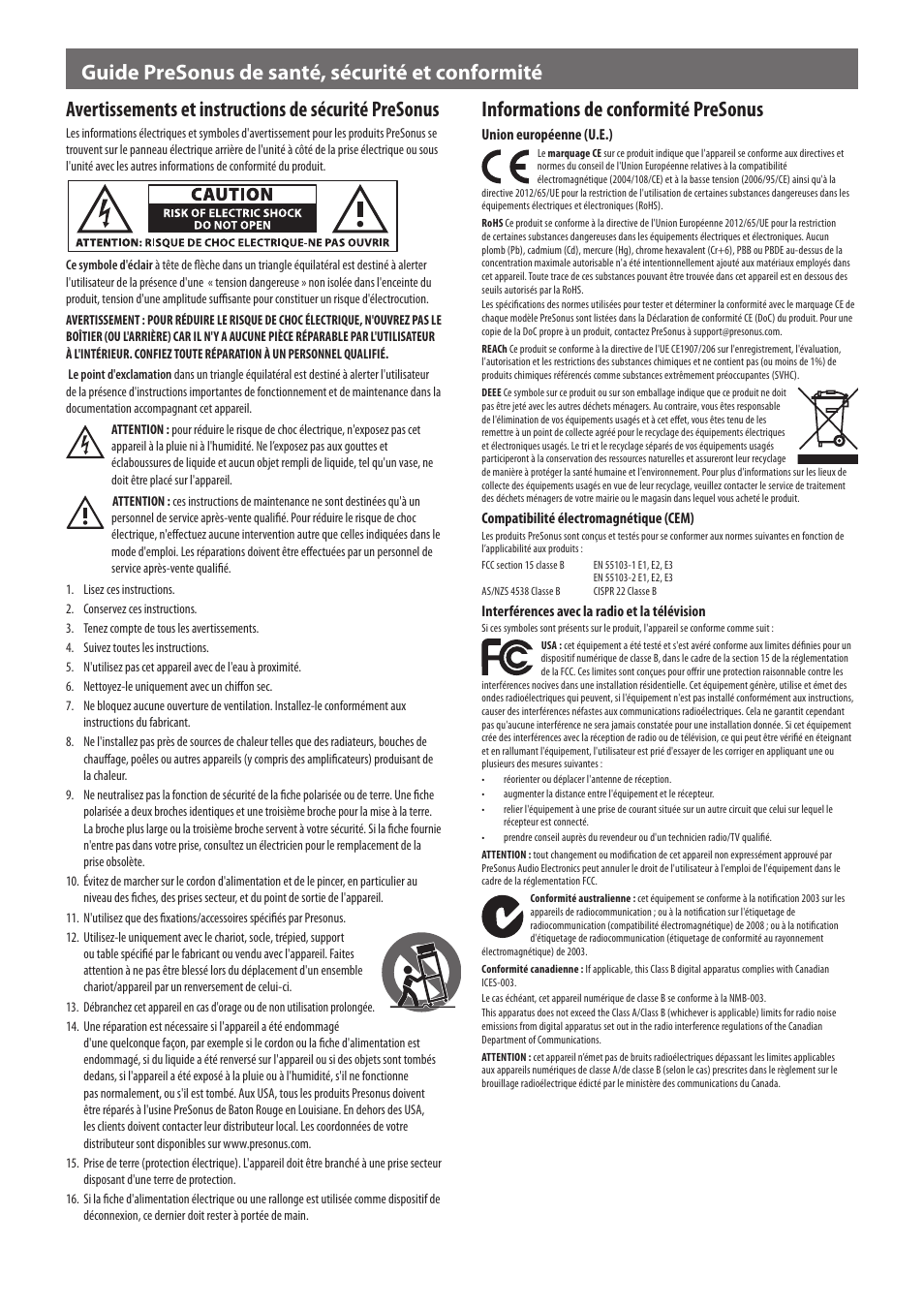 Informations de conformité presonus, Guide presonus de santé, sécurité et conformité | PreSonus ACP88 User Manual | Page 4 / 4