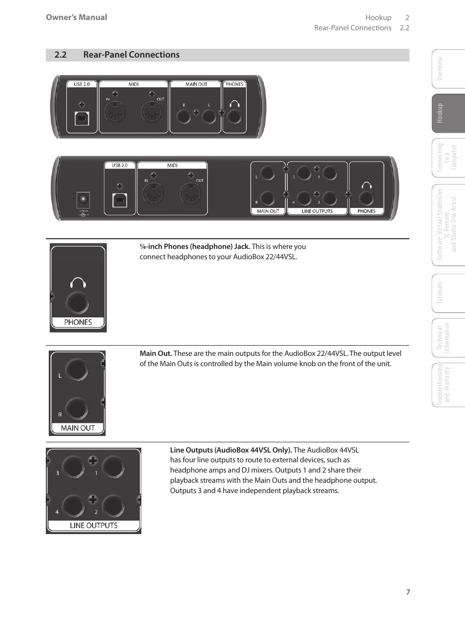 2 rear-panel connections, 2 rear-panel connections — 7 | PreSonus AudioBox 44VSL User Manual | Page 11 / 84