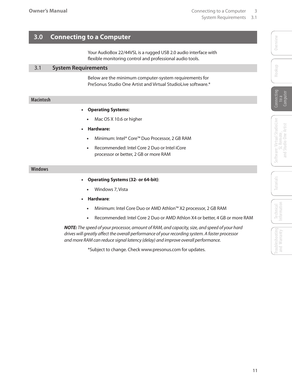 0 connecting to a computer, 1 system requirements, 0 connecting to a | Computer — 11, System requirements — 11 | PreSonus AudioBox 44VSL User Manual | Page 15 / 84