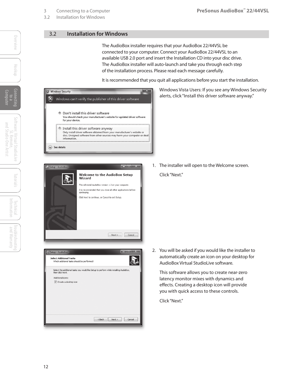 2 installation for windows, 2 installation for windows — 12 | PreSonus AudioBox 44VSL User Manual | Page 16 / 84