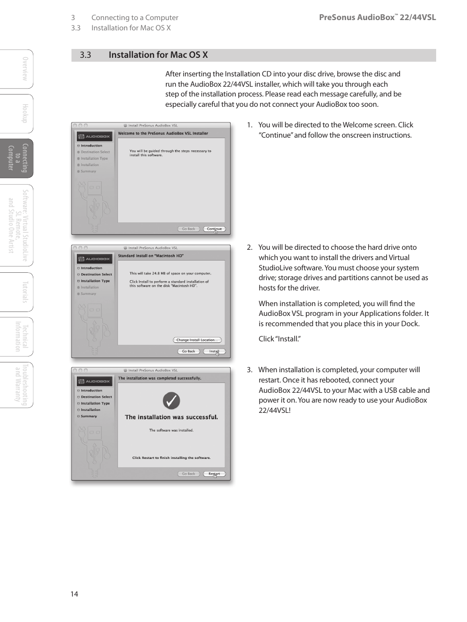 3 installation for mac os x, 3 installation for mac os x — 14 | PreSonus AudioBox 44VSL User Manual | Page 18 / 84