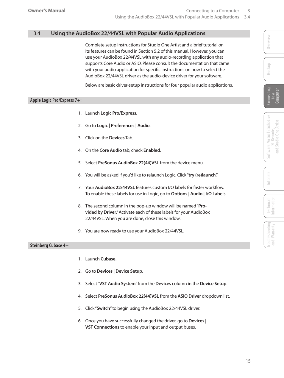 4 using the audiobox 22/44vsl with, Popular audio applications — 15 | PreSonus AudioBox 44VSL User Manual | Page 19 / 84