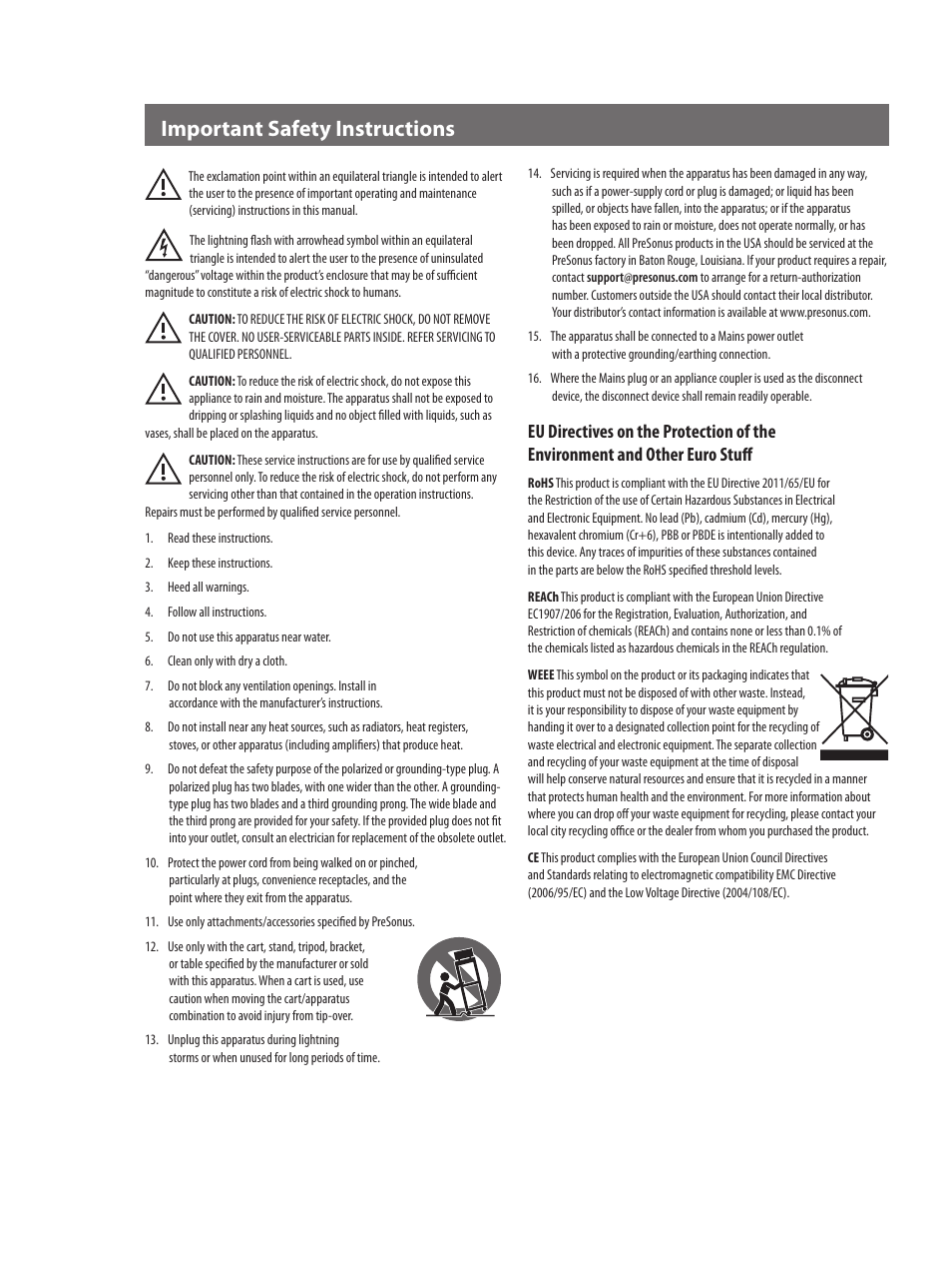 Important safety instructions | PreSonus AudioBox 44VSL User Manual | Page 2 / 84