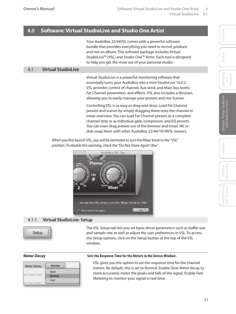 1 virtual studiolive, 1 virtual studiolive: setup, 0 software: virtual studiolive | And studio one artist — 17, 1 virtual studiolive — 17, 1 virtual studiolive: setup — 17 | PreSonus AudioBox 44VSL User Manual | Page 21 / 84