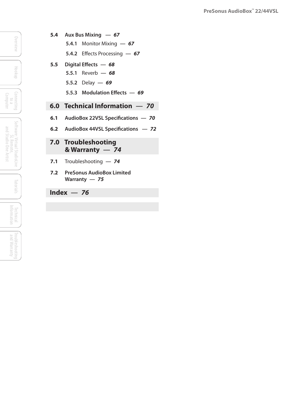 0 technical information — 70, 0 troubleshooting & warranty — 74, Index — 76 | PreSonus AudioBox 44VSL User Manual | Page 4 / 84