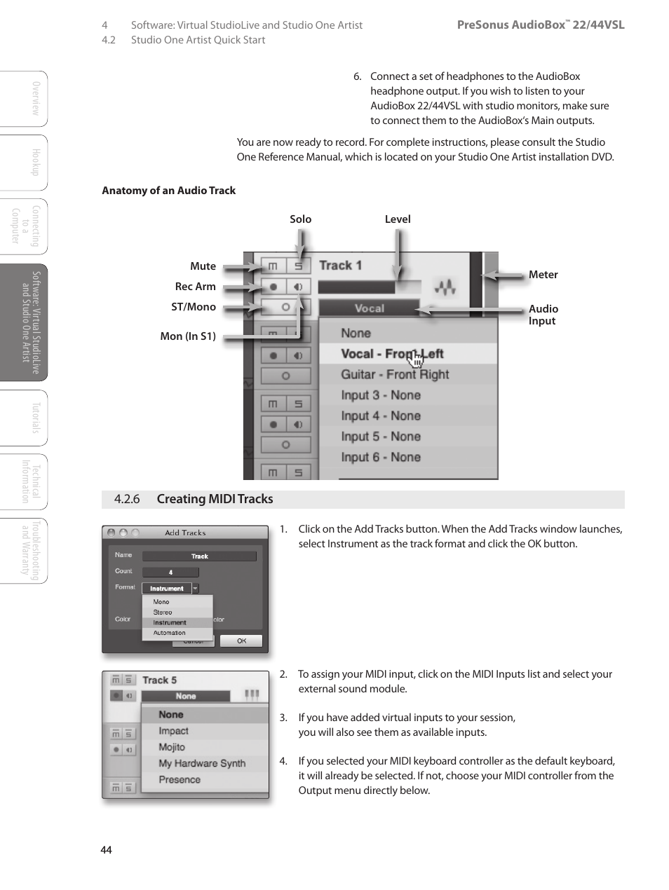 6 creating midi tracks, 6 creating midi tracks — 44 | PreSonus AudioBox 44VSL User Manual | Page 48 / 84