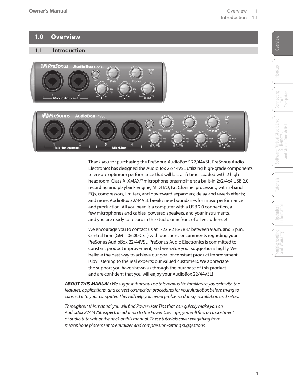 0 overview, 1 introduction, 0 overview — 1 | 1 introduction — 1 | PreSonus AudioBox 44VSL User Manual | Page 5 / 84