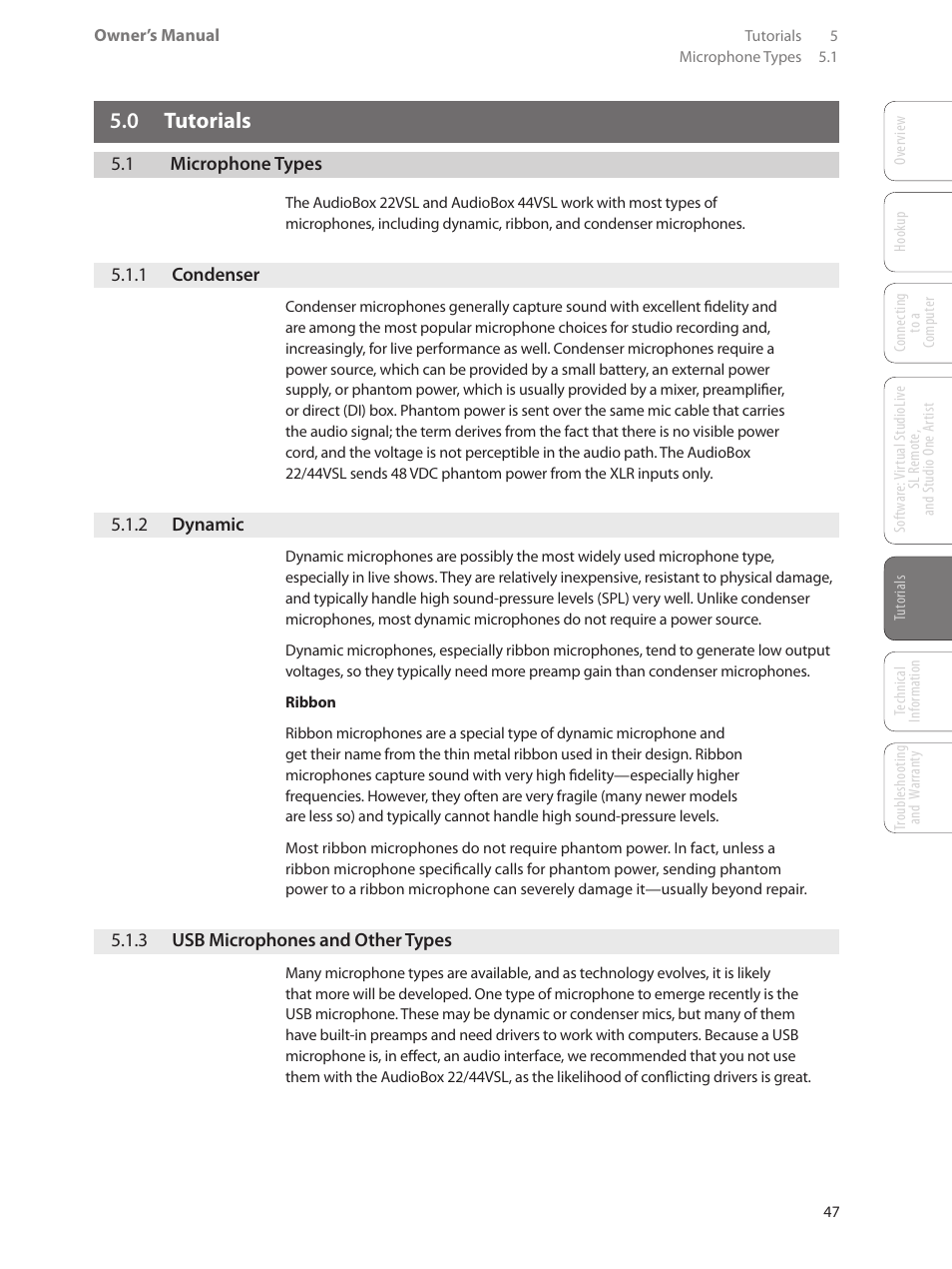 0 tutorials, 1 microphone types, 1 condenser | 2 dynamic, 3 usb microphones and other types, 0 tutorials — 47, 1 microphone types — 47, 1 condenser — 47, 2 dynamic — 47, 3 usb microphones and | PreSonus AudioBox 44VSL User Manual | Page 51 / 84