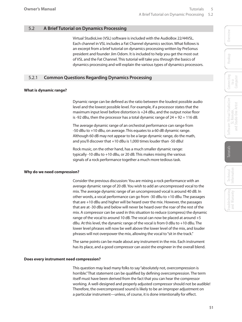 2 a brief tutorial on dynamics processing, 1 common questions regarding dynamics processing, 2 a brief tutorial on dynamics | Processing — 51, 1 common questions regarding, Dynamics processing — 51 | PreSonus AudioBox 44VSL User Manual | Page 55 / 84