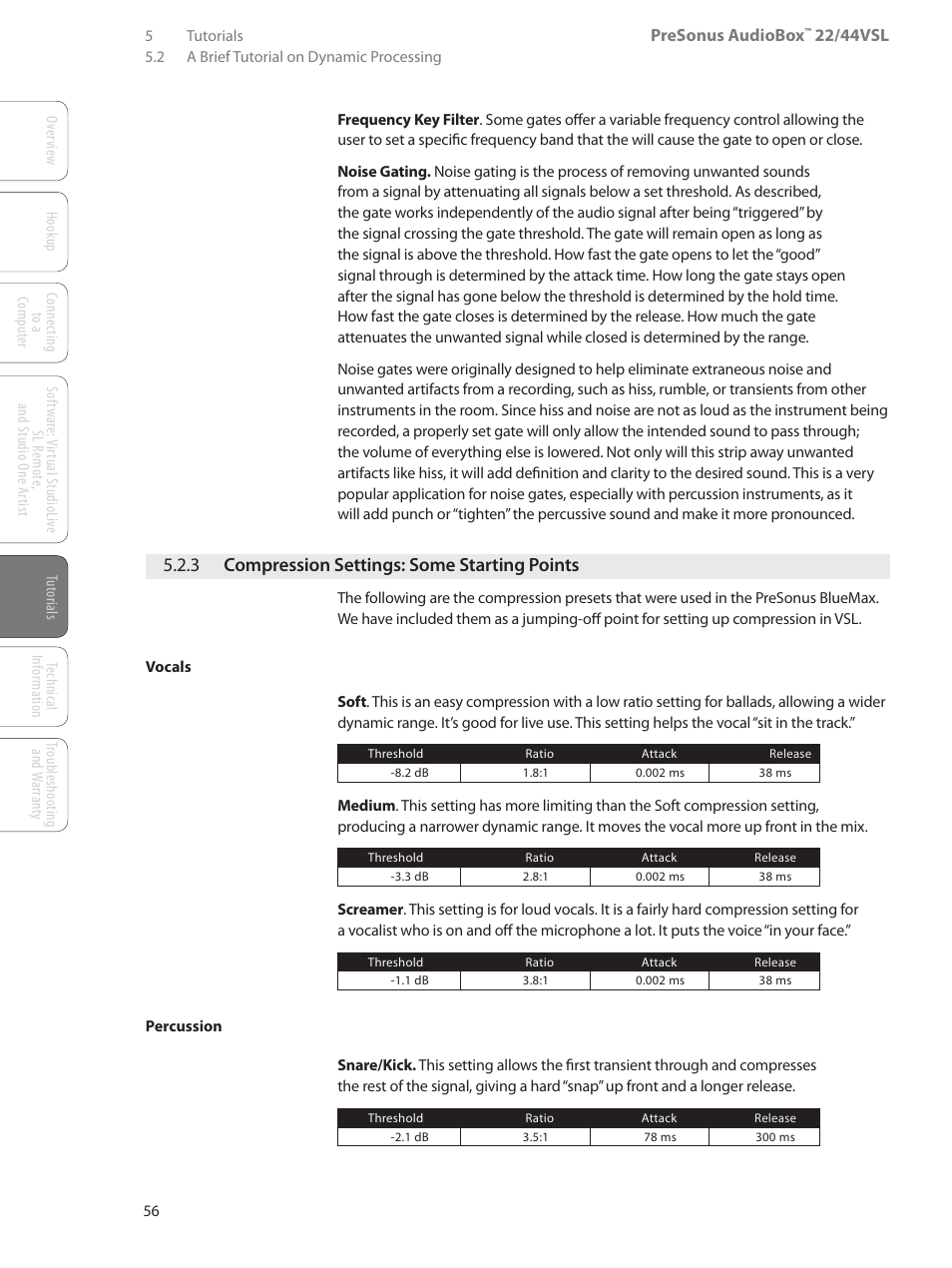 3 compression settings: some starting points, 3 compression settings: some, Starting points — 56 | PreSonus AudioBox 44VSL User Manual | Page 60 / 84