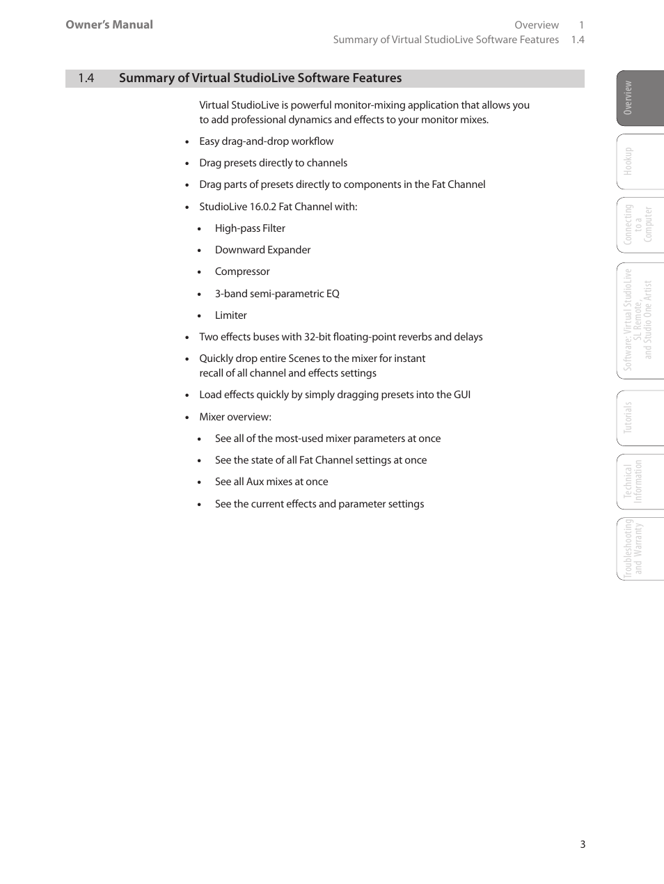 4 summary of virtual studiolive software features, 4 summary of virtual studiolive, Software features — 3 | PreSonus AudioBox 44VSL User Manual | Page 7 / 84