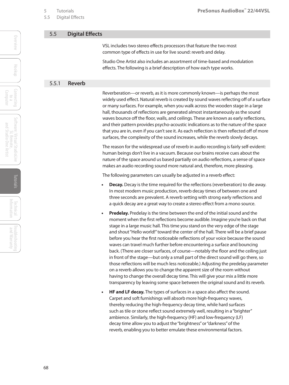 5 digital effects, 1 reverb, 5 digital effects — 68 | 1 reverb — 68 | PreSonus AudioBox 44VSL User Manual | Page 72 / 84