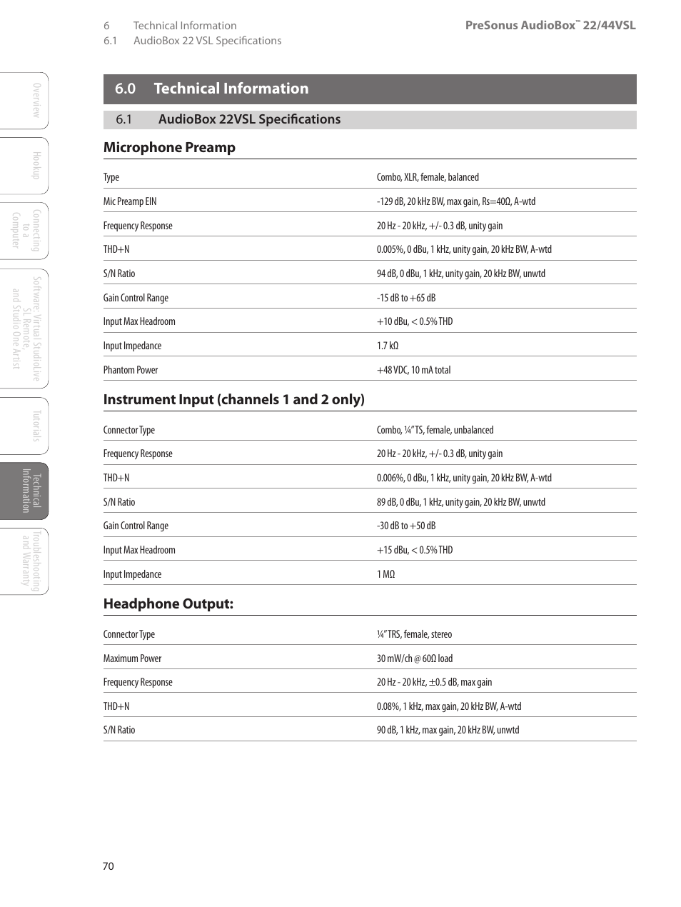 0 technical information, 1 audiobox 22vsl specifications, 0 technical information — 70 | 1 audiobox 22vsl specifications — 70, Microphone preamp, Instrument input (channels 1 and 2 only), Headphone output | PreSonus AudioBox 44VSL User Manual | Page 74 / 84