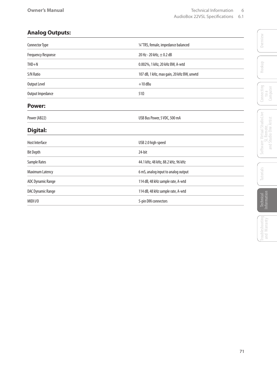 Analog outputs, Power, Digital | PreSonus AudioBox 44VSL User Manual | Page 75 / 84