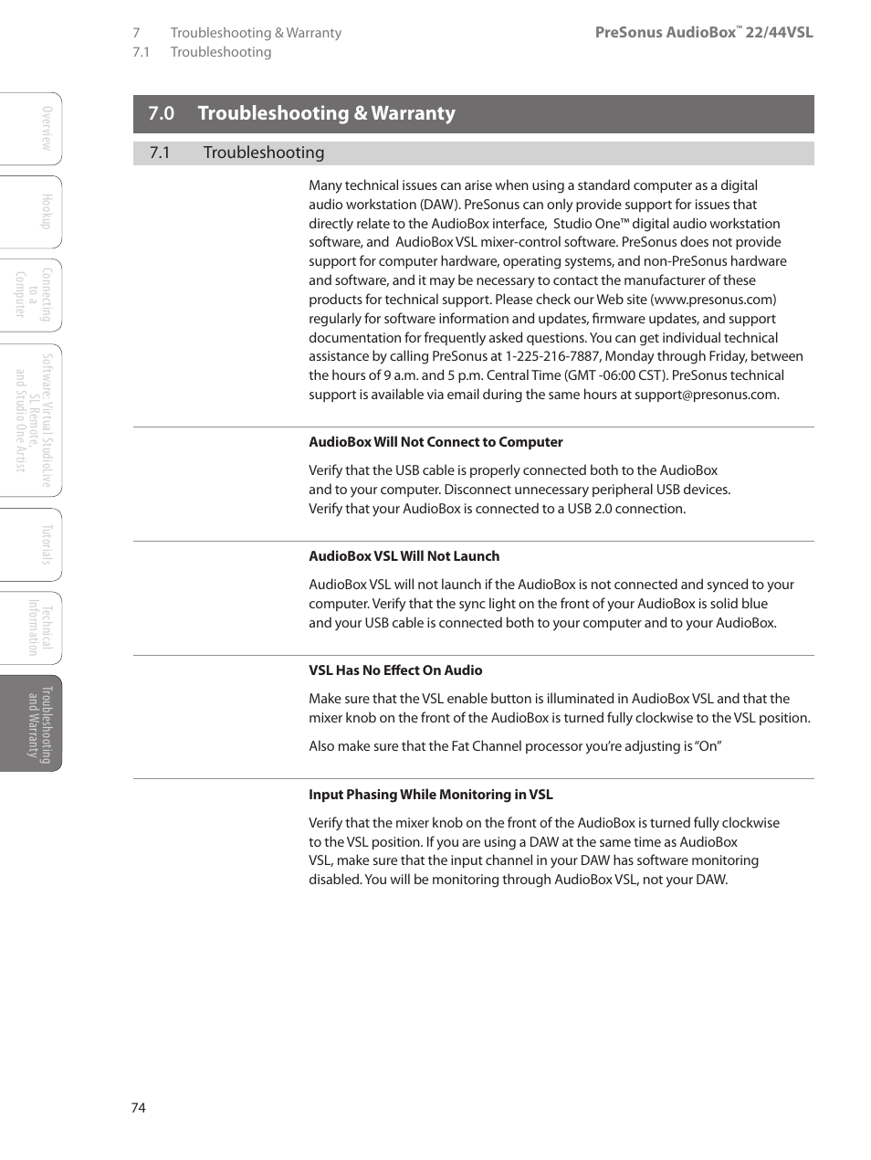 0 troubleshooting & warranty, 1 troubleshooting, 0 troubleshooting | Warranty — 74, 1 troubleshooting — 74 | PreSonus AudioBox 44VSL User Manual | Page 78 / 84