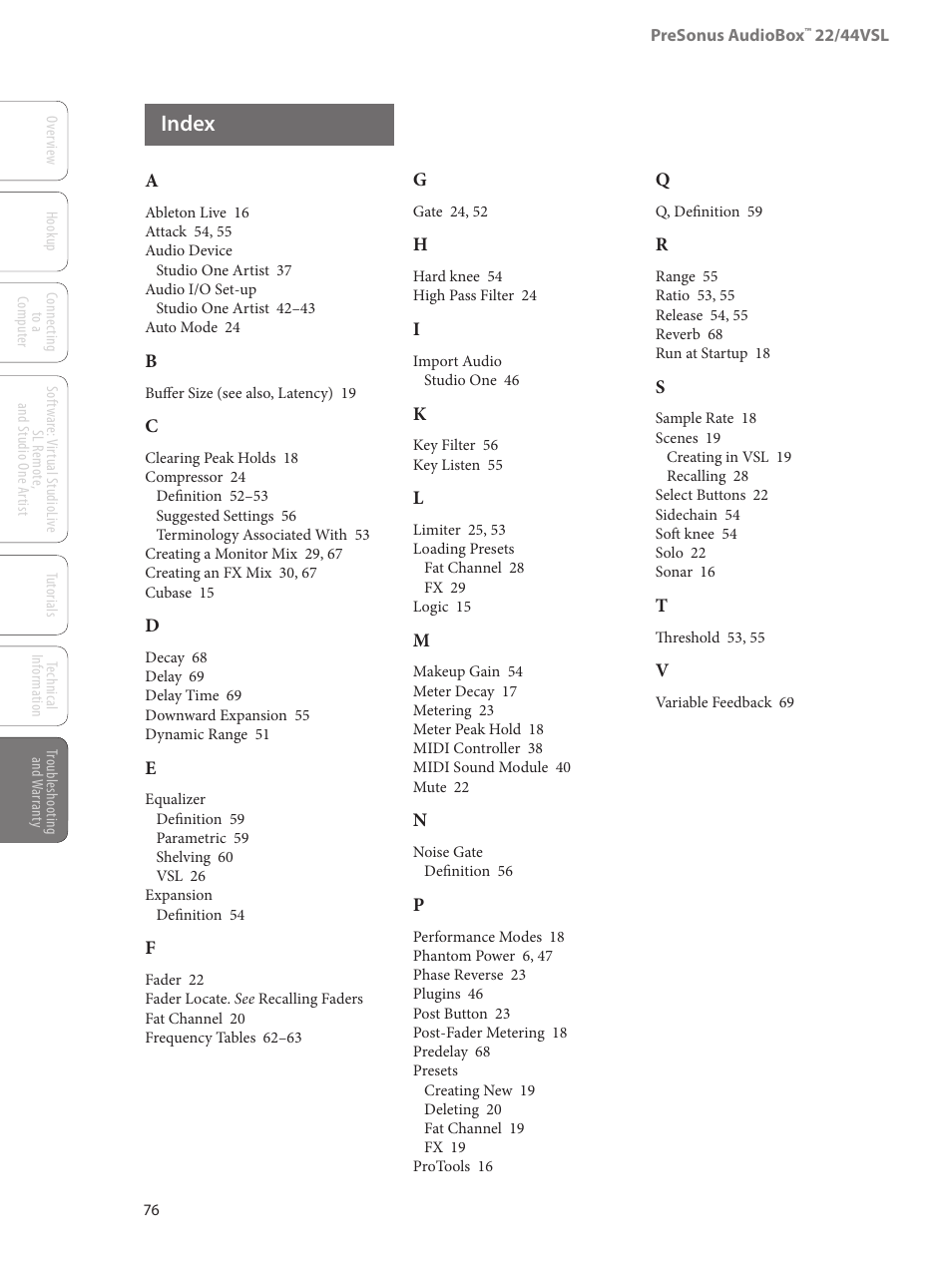 Index, Index — 76 | PreSonus AudioBox 44VSL User Manual | Page 80 / 84