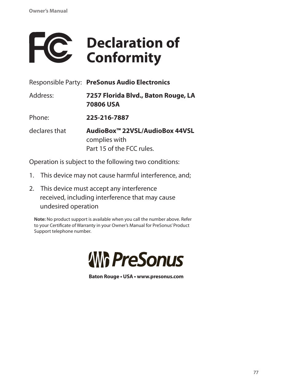 Declaration of conformity | PreSonus AudioBox 44VSL User Manual | Page 81 / 84