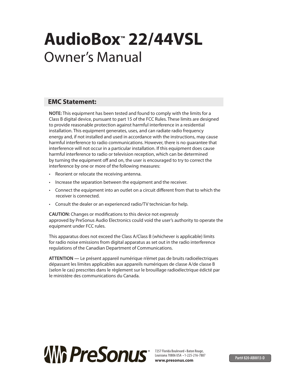 Audiobox, 22/44vsl, Owner’s manual | PreSonus AudioBox 44VSL User Manual | Page 84 / 84