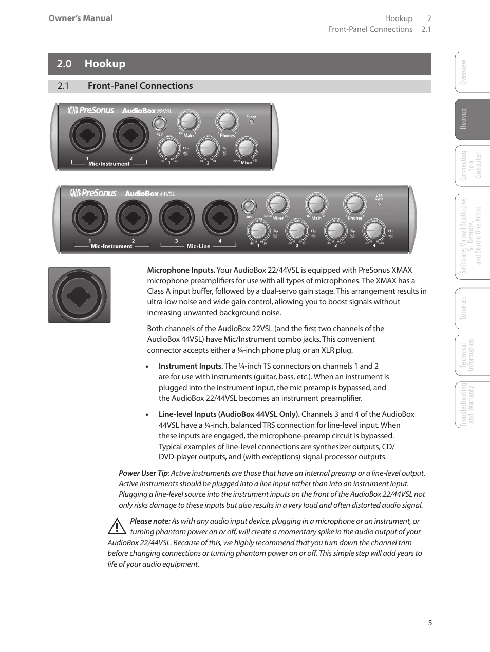 0 hookup, 1 front-panel connections, 0 hookup — 5 | 1 front-panel connections — 5 | PreSonus AudioBox 44VSL User Manual | Page 9 / 84