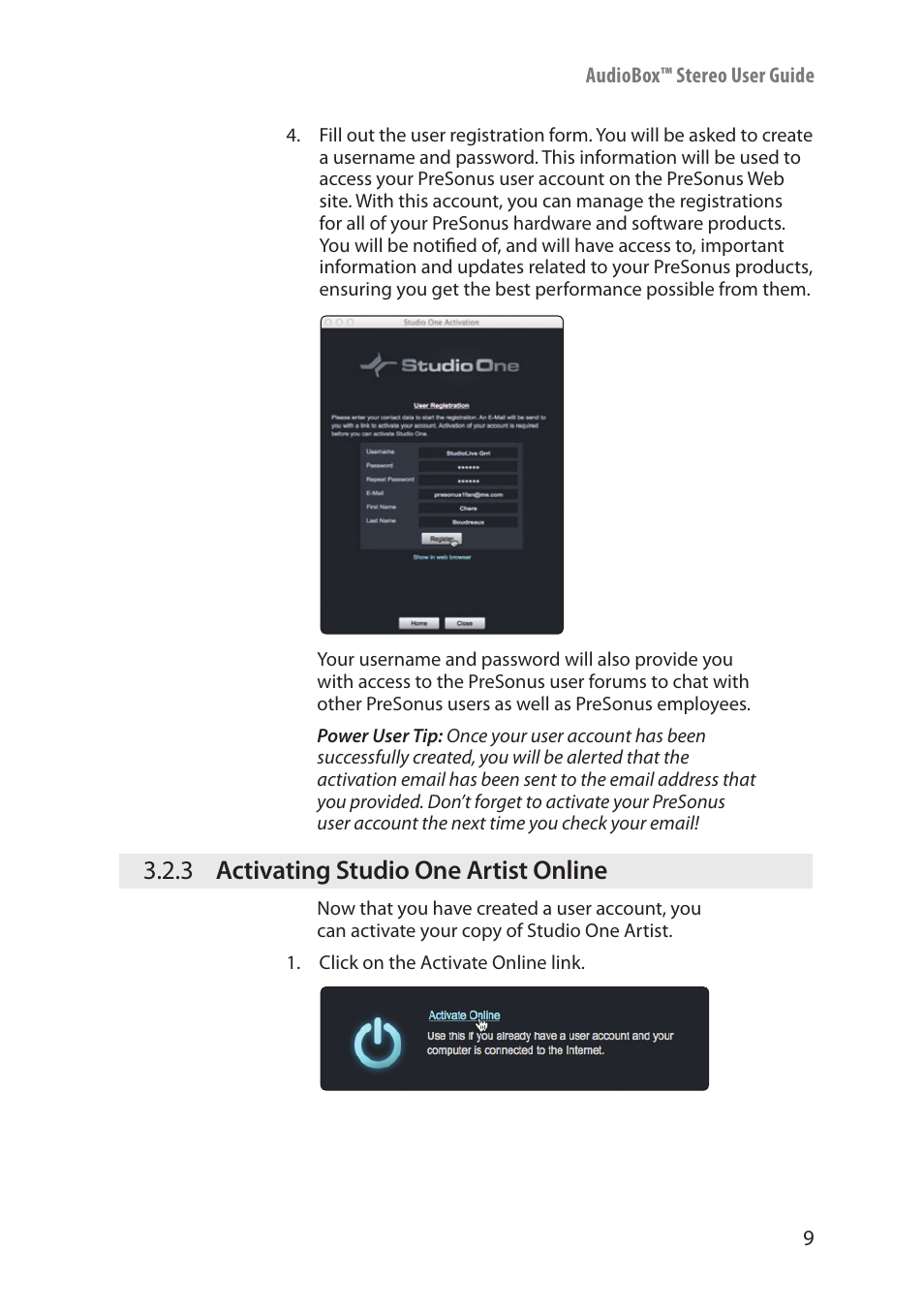 3 activating studio one artist online, Activating studio one artist online — 9 | PreSonus AudioBox Stereo User Manual | Page 11 / 36