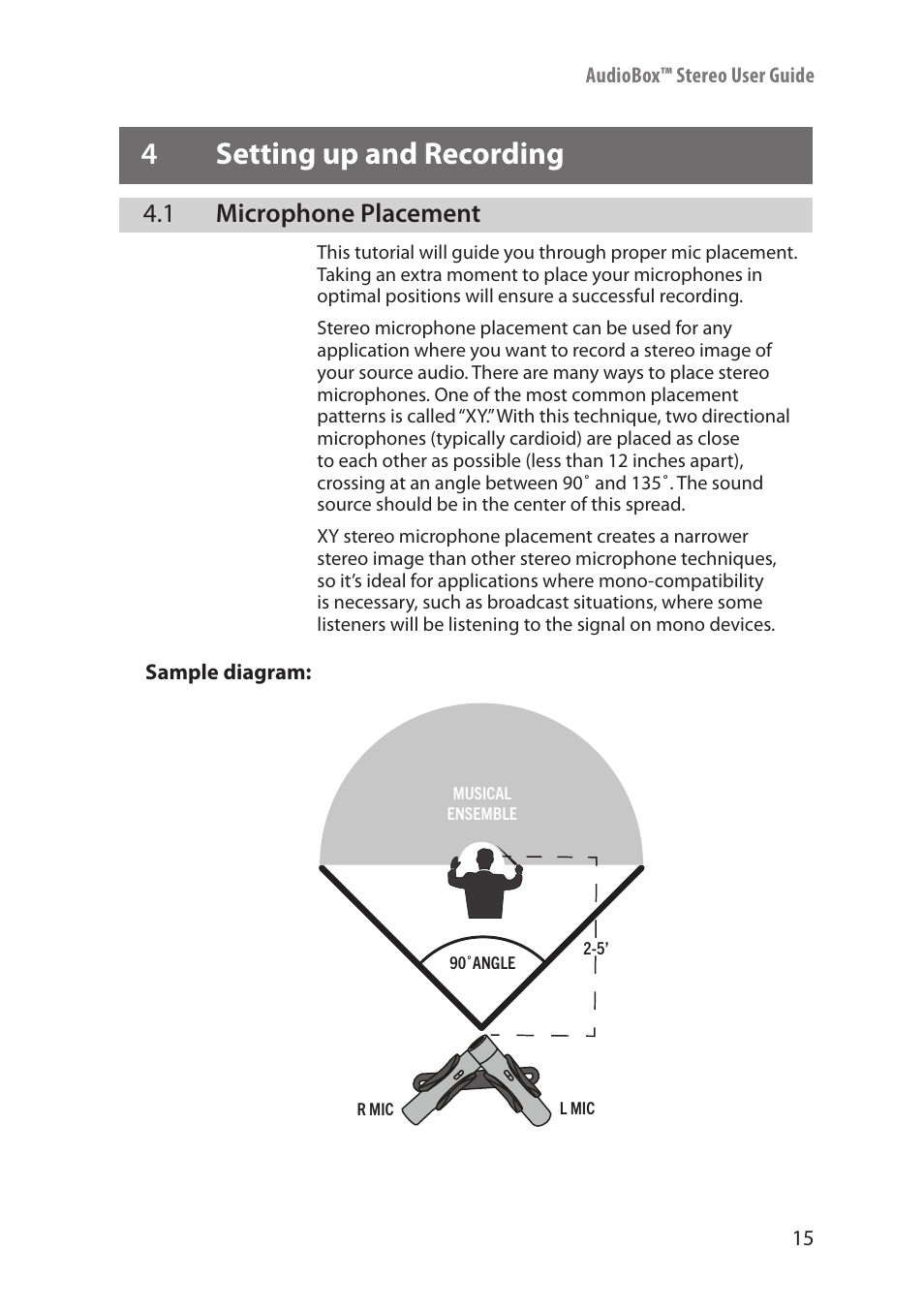 4 setting up and recording, 1 microphone placement, Setting up | And recording — 15, Microphone placement — 15, 4setting up and recording | PreSonus AudioBox Stereo User Manual | Page 17 / 36