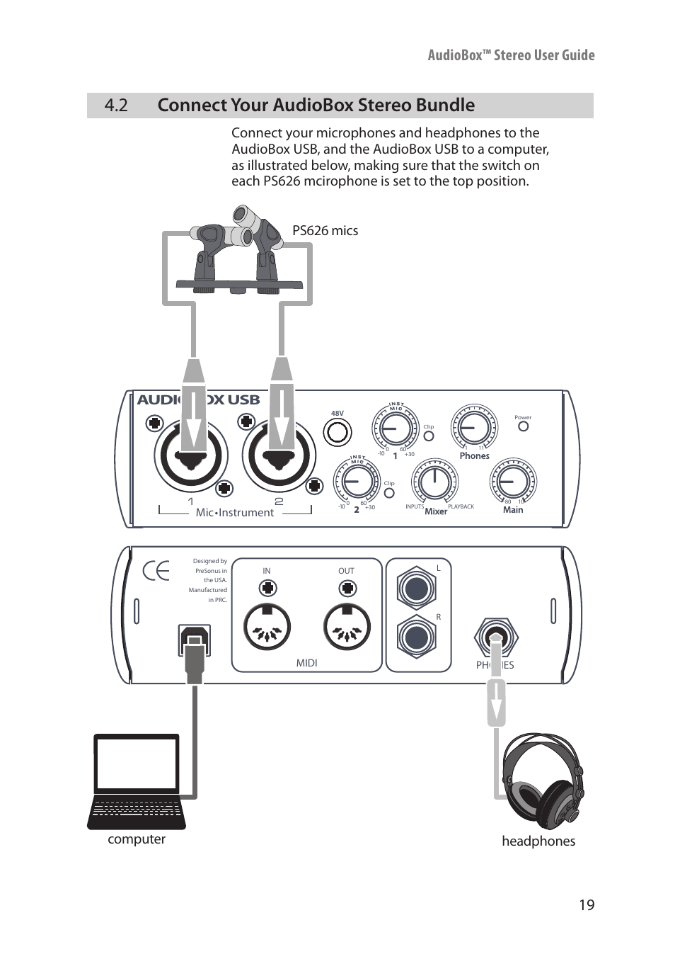 2 connect your audiobox stereo bundle, Connect your audiobox stereo bundle — 19, 19 audiobox™ stereo user guide | Headphones ps626 mics computer, Audiobox usb | PreSonus AudioBox Stereo User Manual | Page 21 / 36