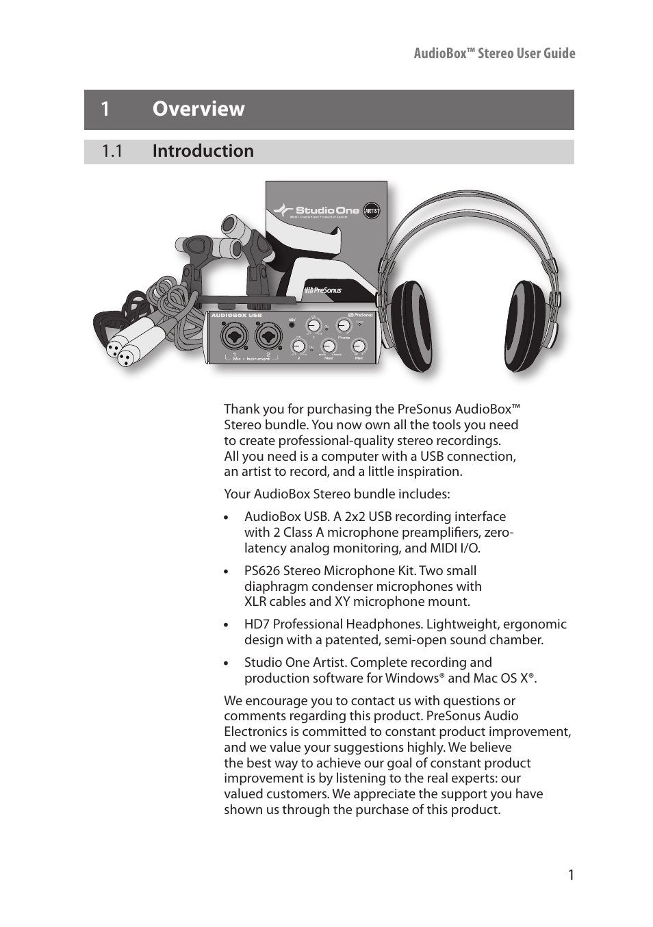 1 overview, 1 introduction, 1 overview — 1 | Introduction — 1 | PreSonus AudioBox Stereo User Manual | Page 3 / 36