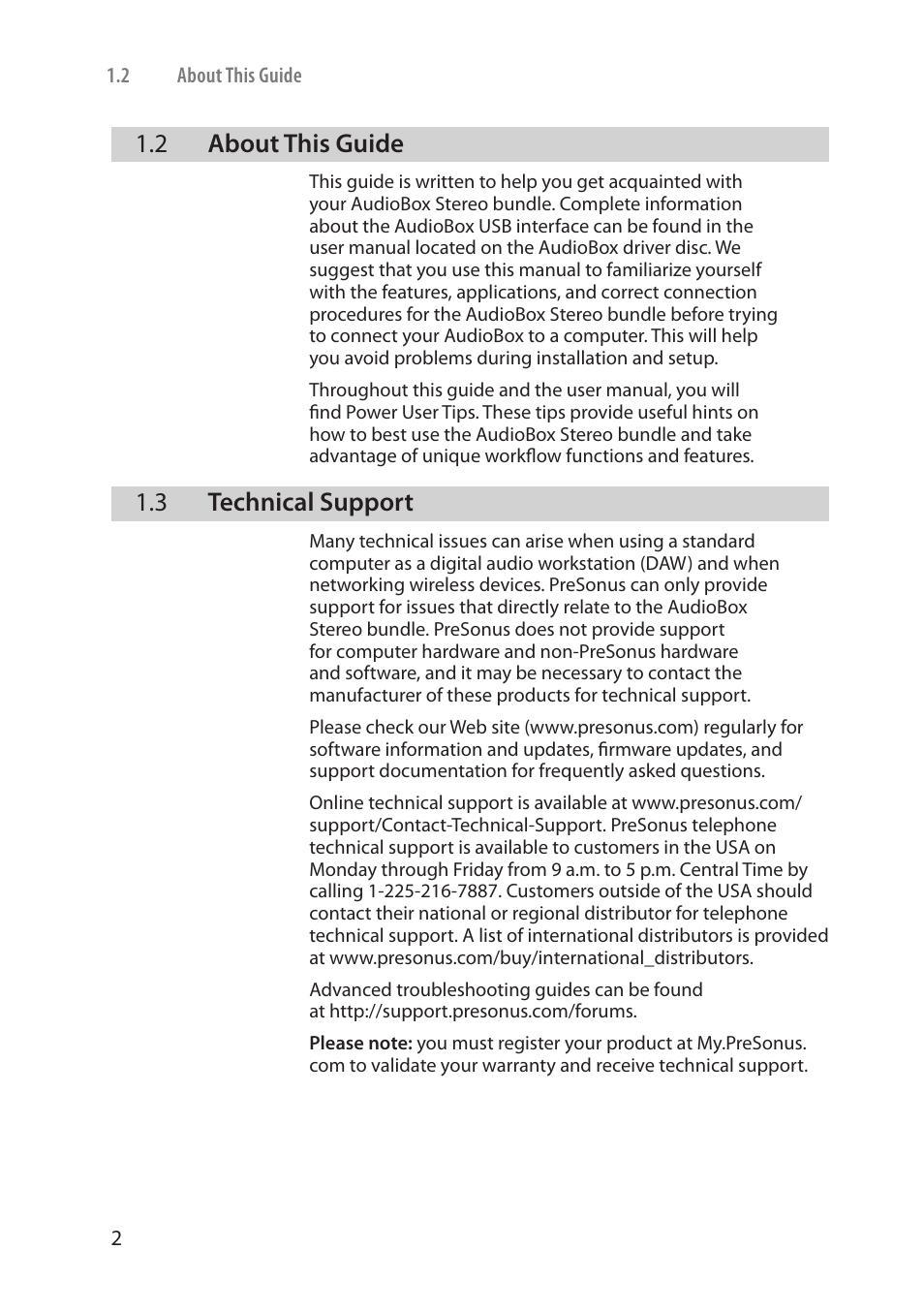 2 about this guide, 3 technical support, About this guide — 2 | Technical support — 2 | PreSonus AudioBox Stereo User Manual | Page 4 / 36