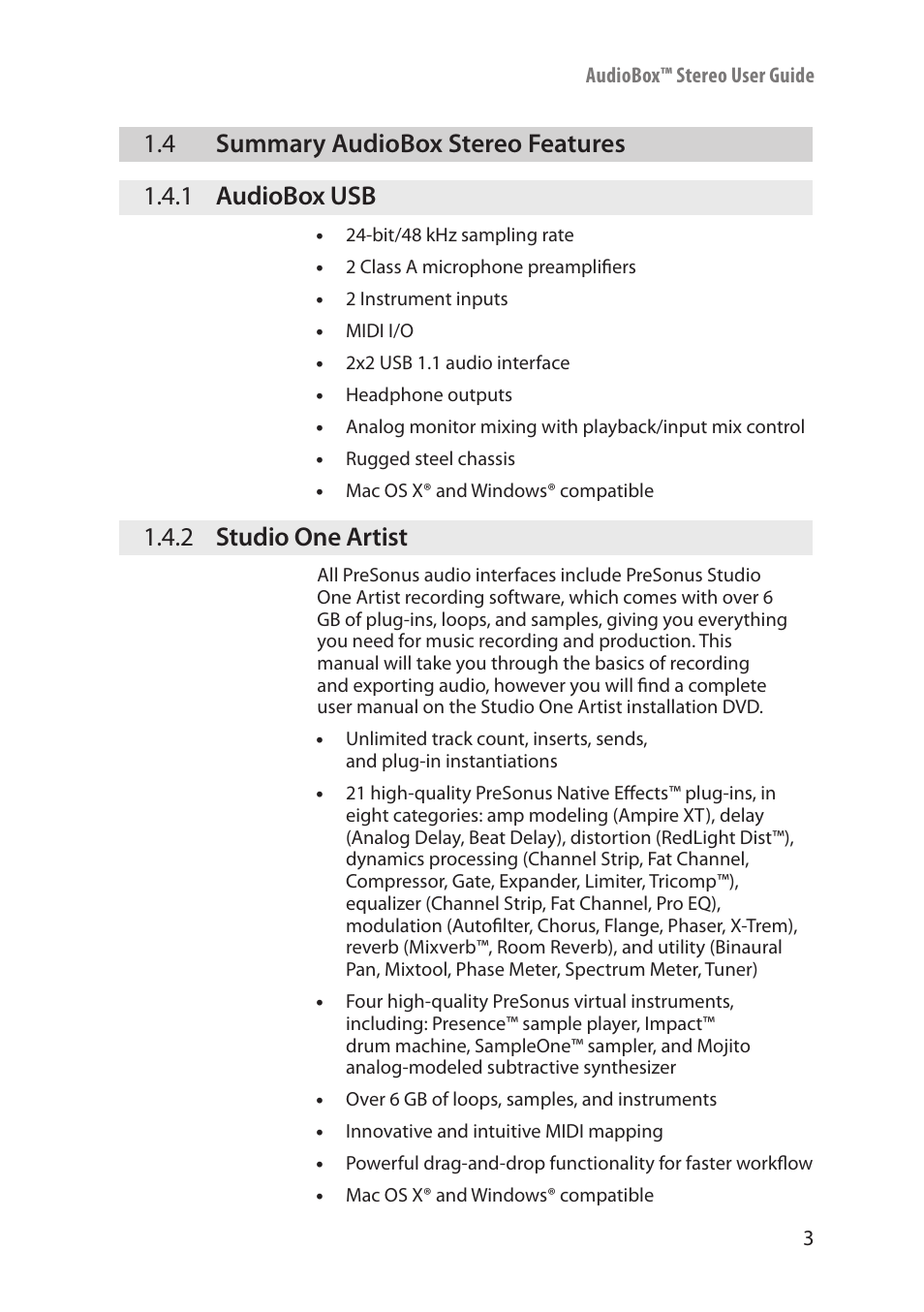 4 summary audiobox stereo features, 1 audiobox usb, 2 studio one artist | Summary audiobox stereo features — 3, Audiobox usb — 3, Studio one artist — 3 | PreSonus AudioBox Stereo User Manual | Page 5 / 36