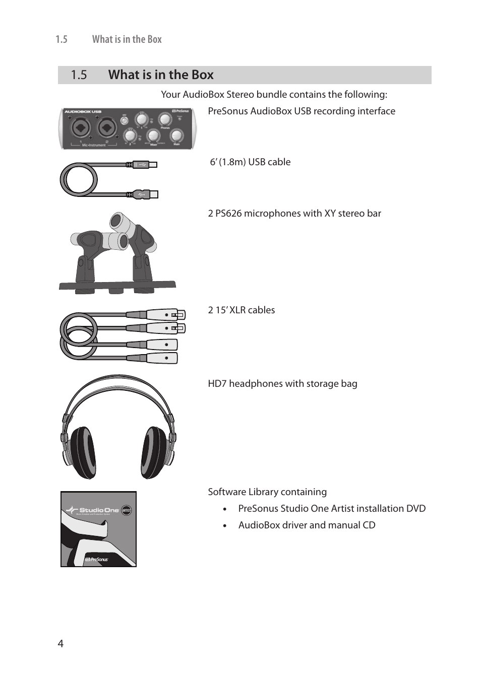 5 what is in the box, What is in the box — 4 | PreSonus AudioBox Stereo User Manual | Page 6 / 36