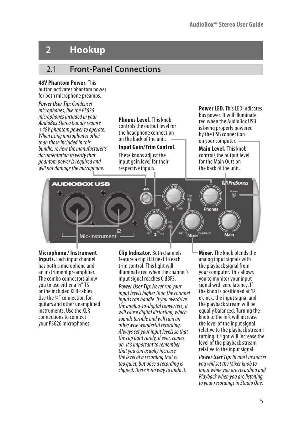 2 hookup, 1 front-panel connections, 2 hookup — 5 | Front-panel connections — 5 | PreSonus AudioBox Stereo User Manual | Page 7 / 36