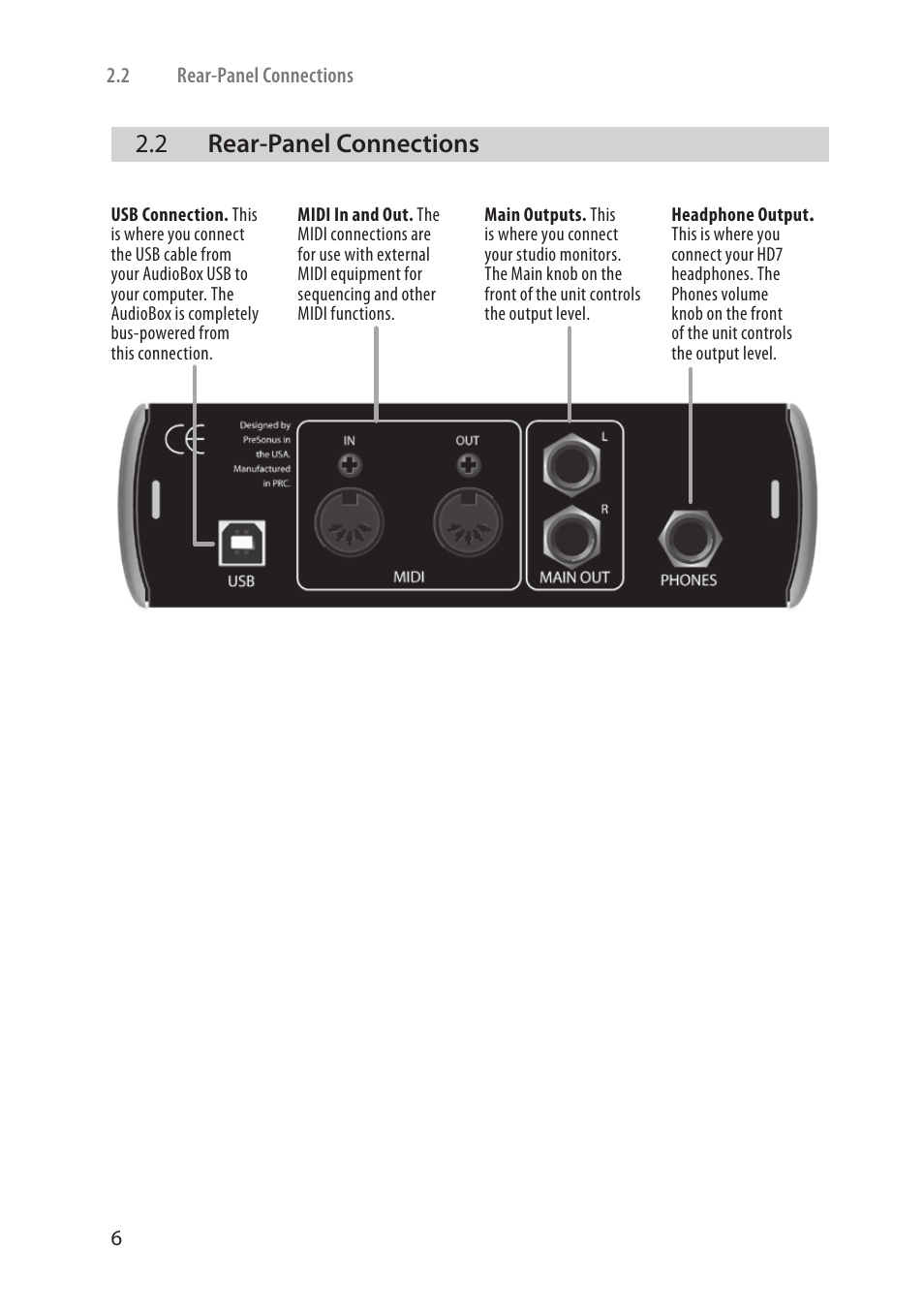2 rear-panel connections, Rear-panel connections — 6 | PreSonus AudioBox Stereo User Manual | Page 8 / 36