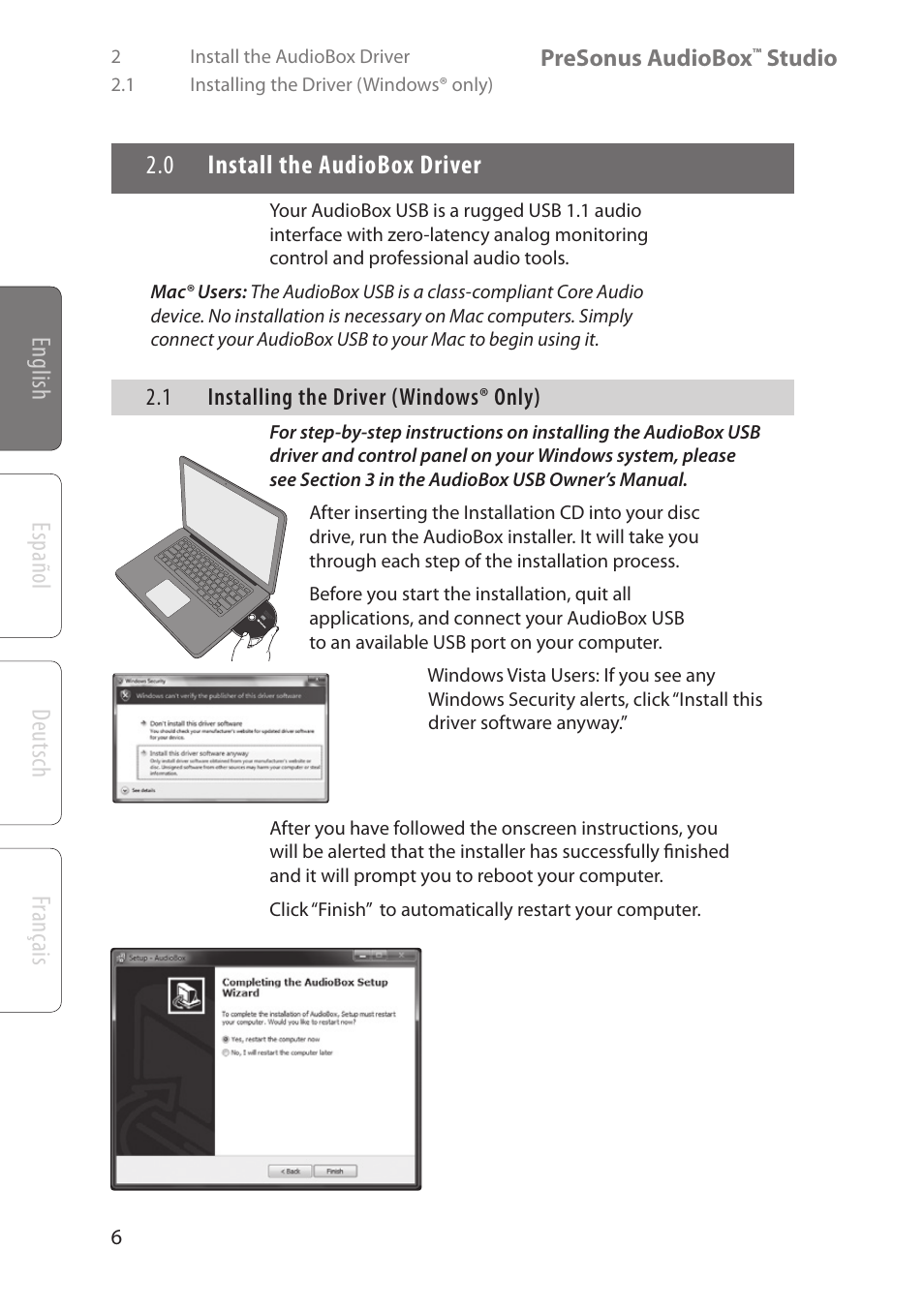 English deutsch español français, 0 install the audiobox driver, Presonus audiobox | Studio, 1 installing the driver (windows® only) | PreSonus AudioBox Studio User Manual | Page 10 / 22