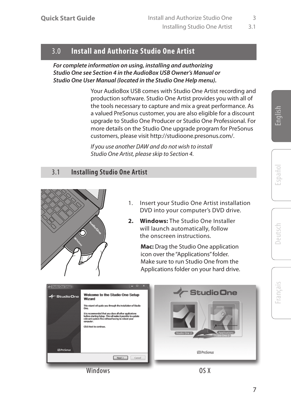 English deutsch español fr ançais, 0 install and authorize studio one artist, 1 installing studio one artist | Os x windows | PreSonus AudioBox Studio User Manual | Page 11 / 22