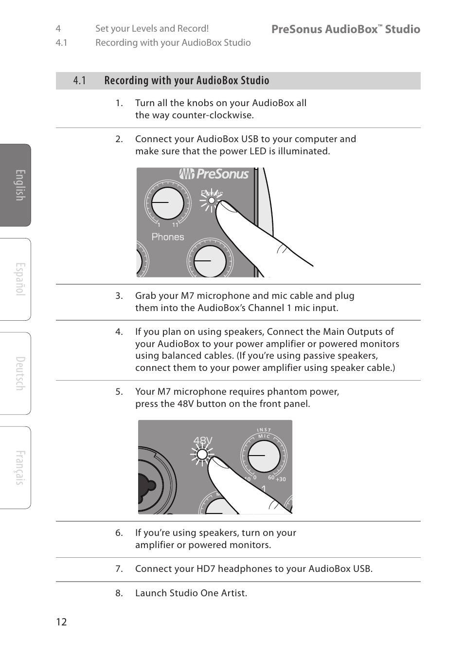 English deutsch español français | PreSonus AudioBox Studio User Manual | Page 16 / 22