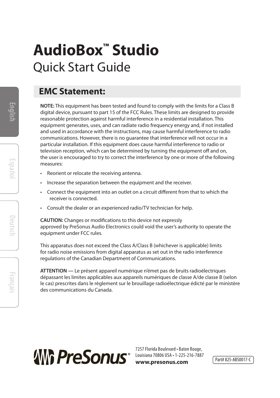 Audiobox, Studio, Quick start guide | Emc statement | PreSonus AudioBox Studio User Manual | Page 22 / 22