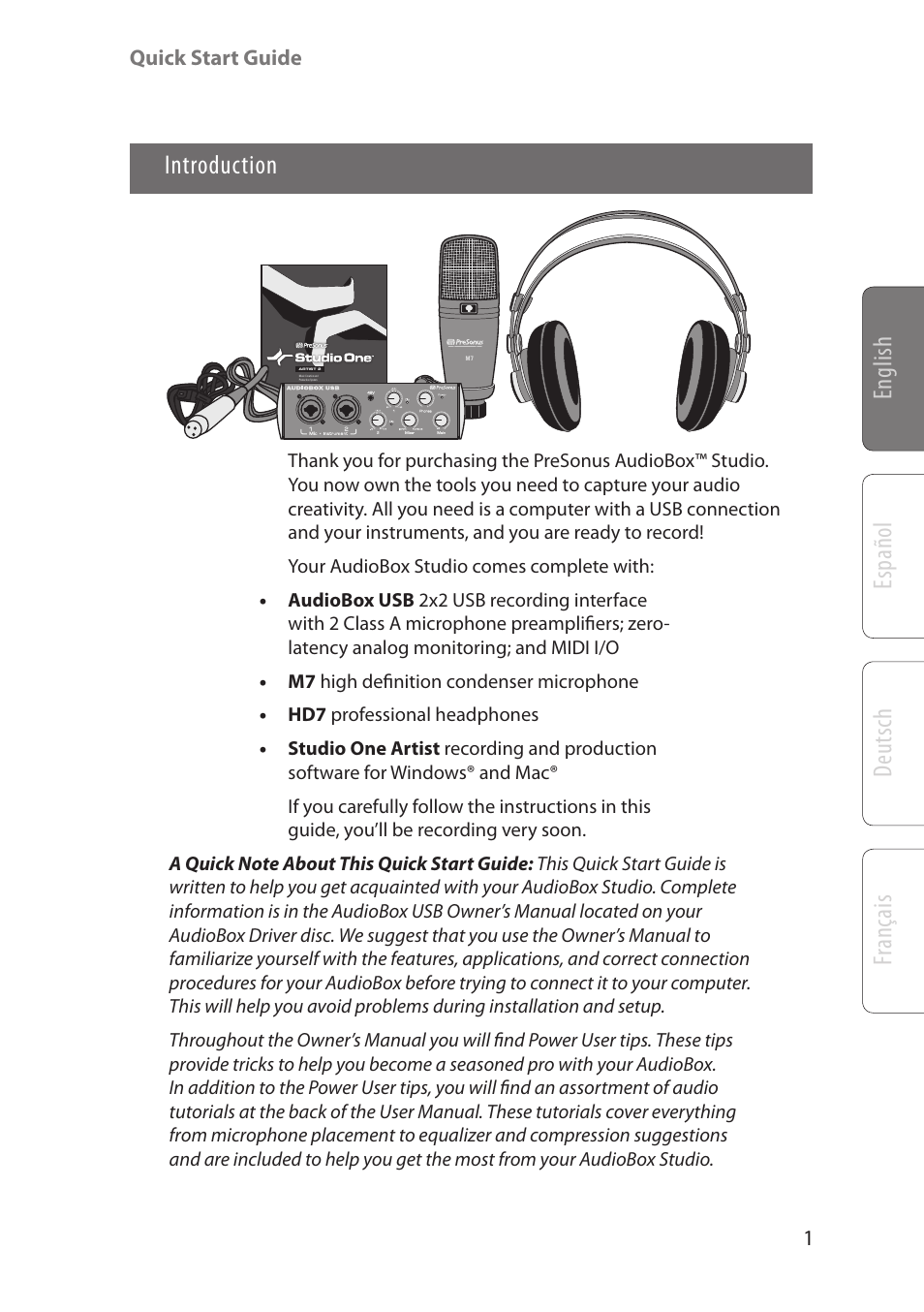 English deutsch español fr ançais introduction | PreSonus AudioBox Studio User Manual | Page 5 / 22