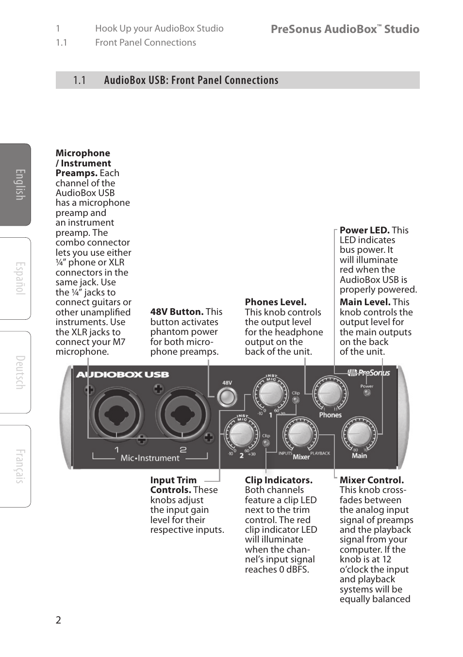 English deutsch español français, Presonus audiobox, Studio | 1 audiobox usb: front panel connections | PreSonus AudioBox Studio User Manual | Page 6 / 22