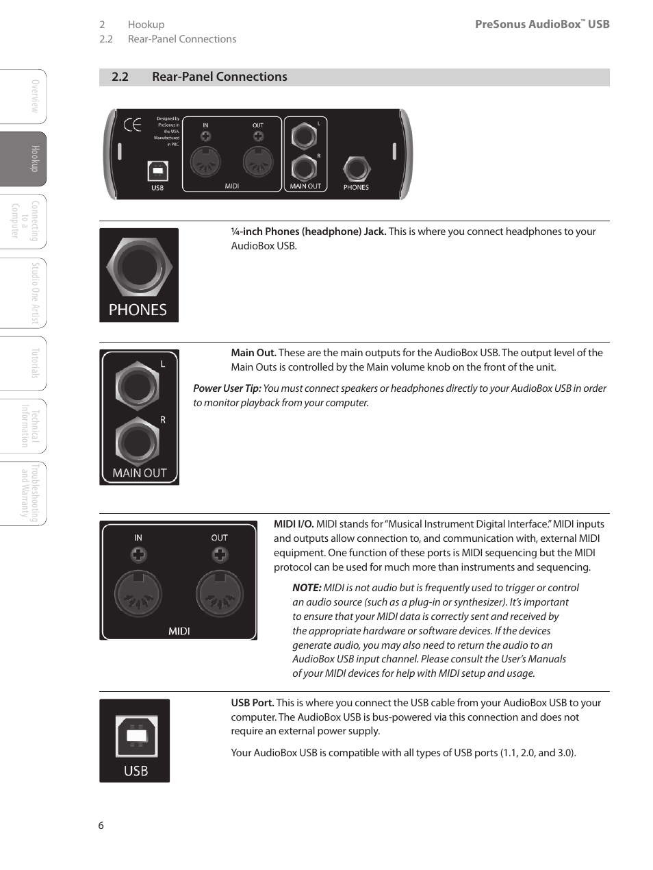 2 rear-panel connections, 2 rear-panel connections — 6 | PreSonus AudioBox USB User Manual | Page 10 / 64