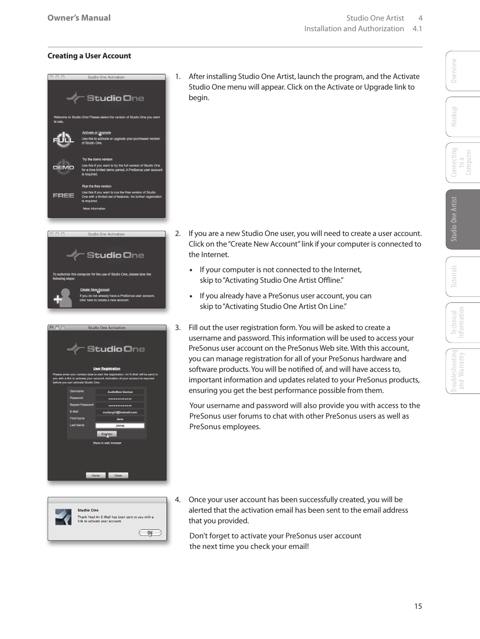 0 studio one artist quick start, 1 installation and authorization, 0 studio one artist | Quick start — 15, 1 installation and authorization — 15 | PreSonus AudioBox USB User Manual | Page 19 / 64