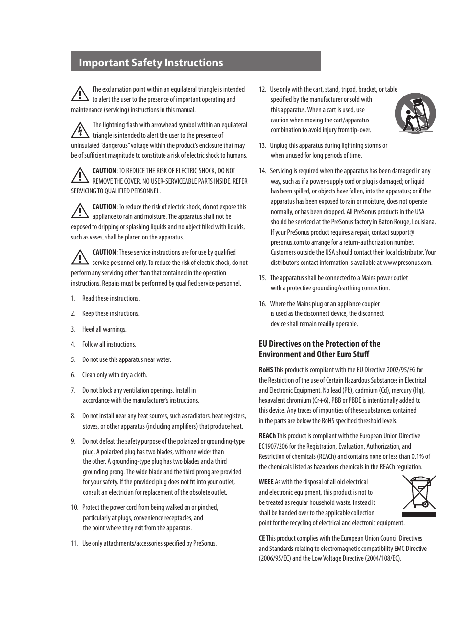 Important safety instructions | PreSonus AudioBox USB User Manual | Page 2 / 64