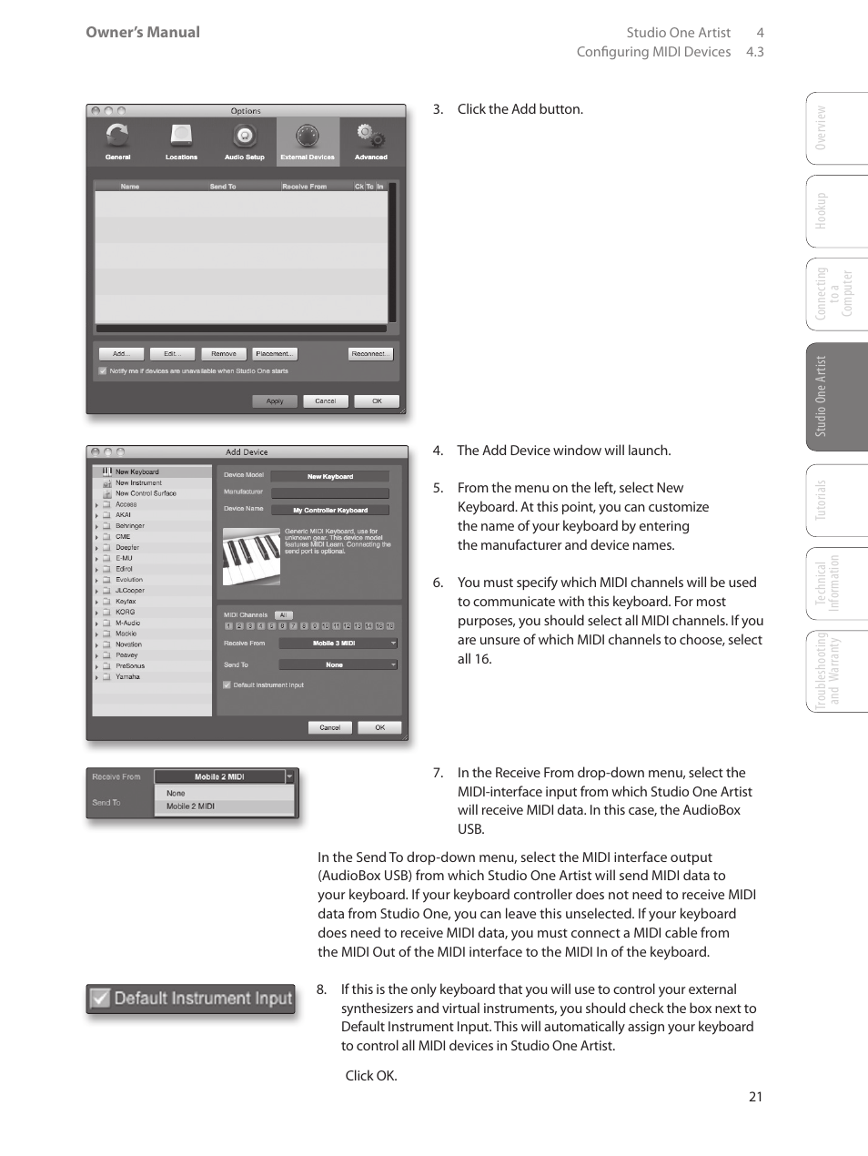 3 configuring midi devices, Configuring midi devices — 21 | PreSonus AudioBox USB User Manual | Page 25 / 64